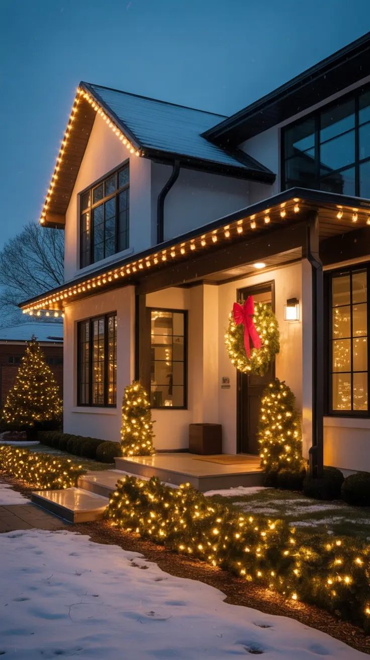 Professional C9 Christmas lights installed on a modern home with wreath and lit landscaping