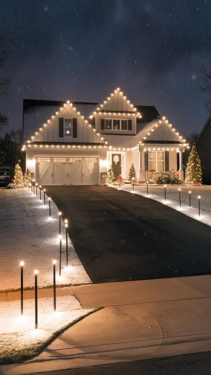 White farmhouse outlined in warm Christmas lights with a lit driveway on a snowy night