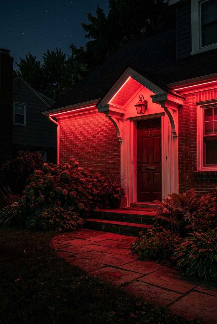 Brick home entrance lit with red permanent LED accent lighting